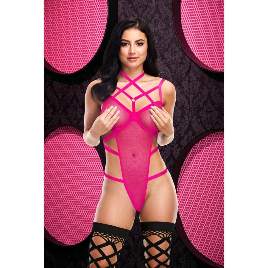 Lapdance çekici askılı Caged teddy ateşli pembe tek beden